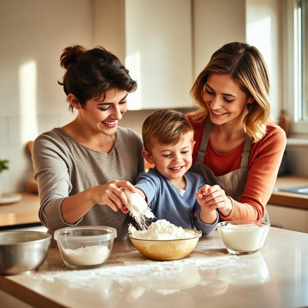 Two mothers baking with their young son at a sunlit kitchen counter, flour in a bowl between them