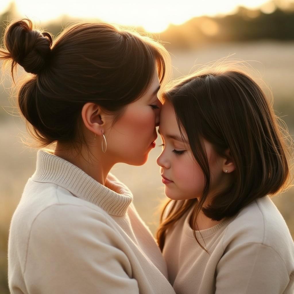 A mother in a cream sweater kissing her teenage daughter's forehead in a golden, sunlit field at dusk