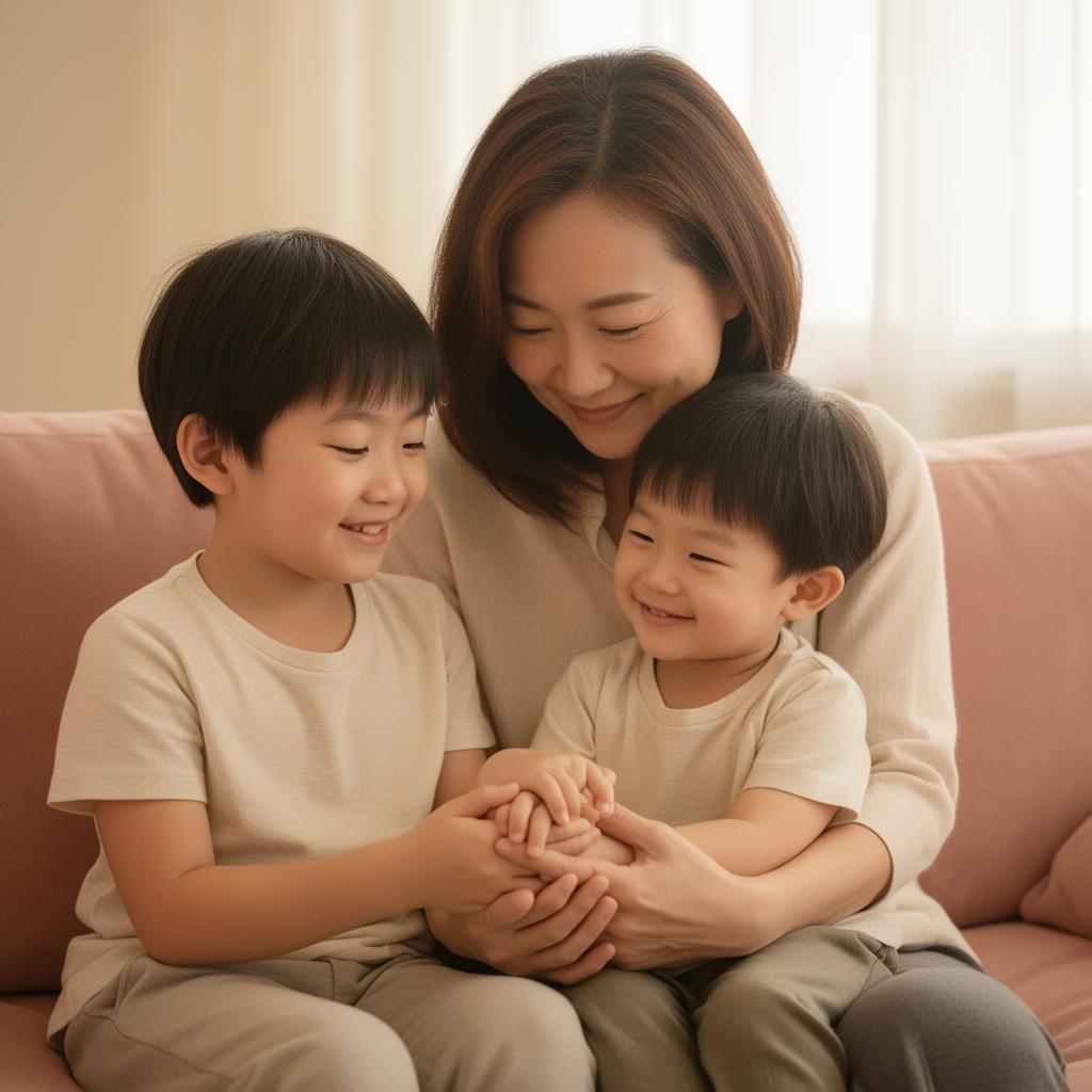 An East Asian mother smiling as she holds her two young sons close on a blush pink couch, all of their hands joined in her lap