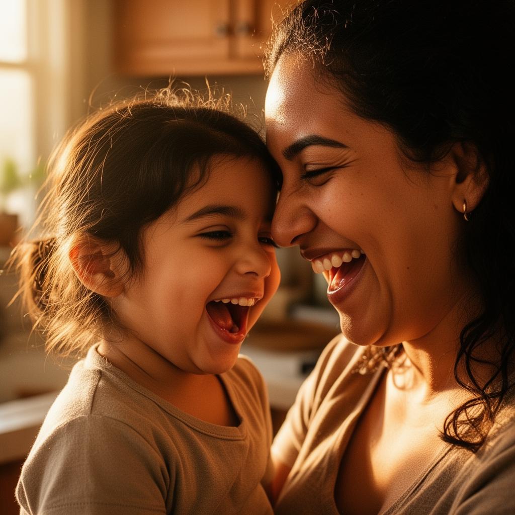 A Latina mother and her young daughter laughing forehead-to-forehead in a warm, sunlit kitchen
