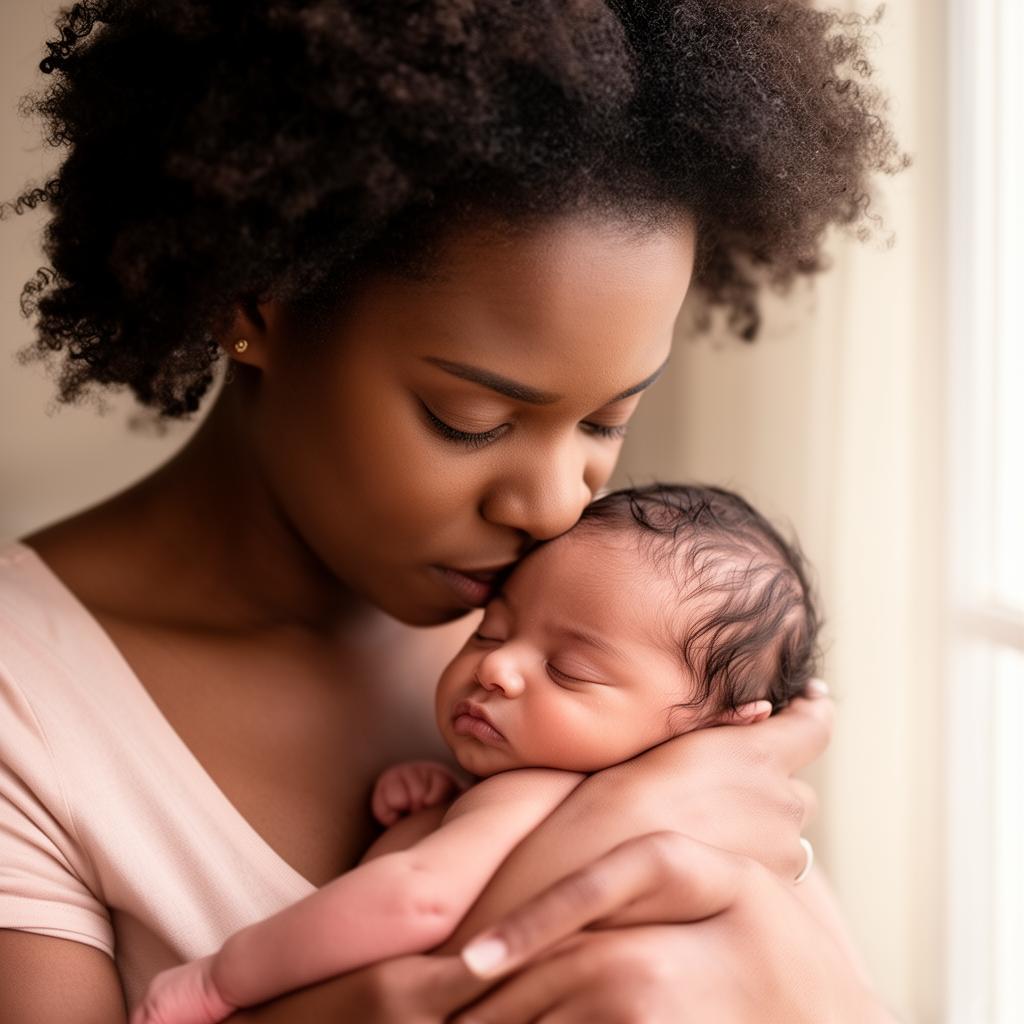 A young Black mother with natural curls tenderly kissing her sleeping newborn's forehead by a softly lit window