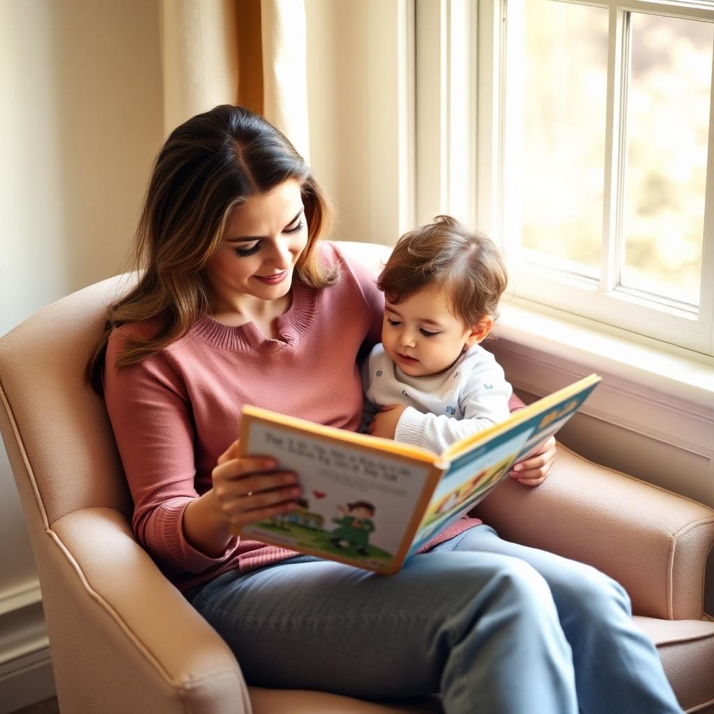 A mother reading a colorful picture book to her toddler beside her in a cozy armchair by a sunlit window