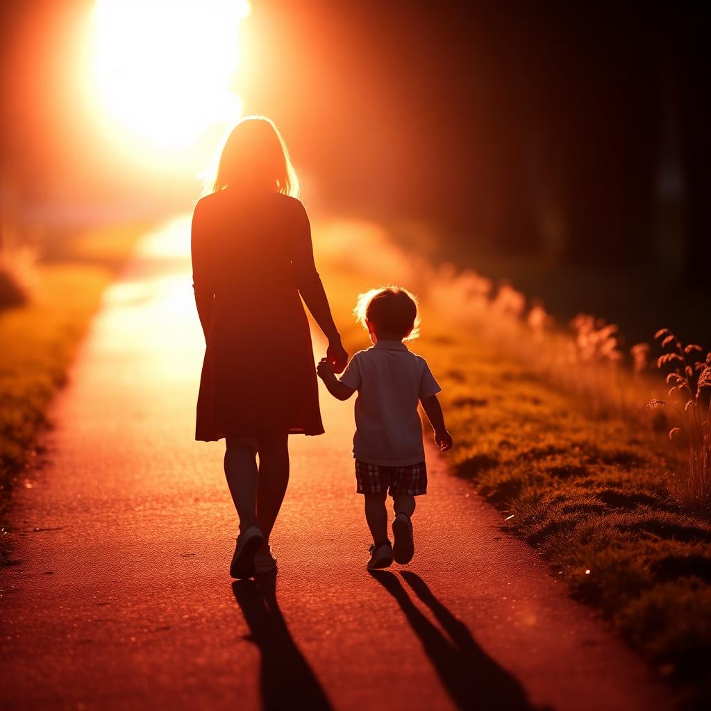Silhouette of a mother and her young child walking hand-in-hand down a path into a glowing orange sunset